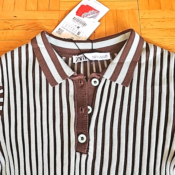 Zara Top, Women's Striped Collared 3 Button Stretchy Rib Knit Polo, S - Picture 3 of 6